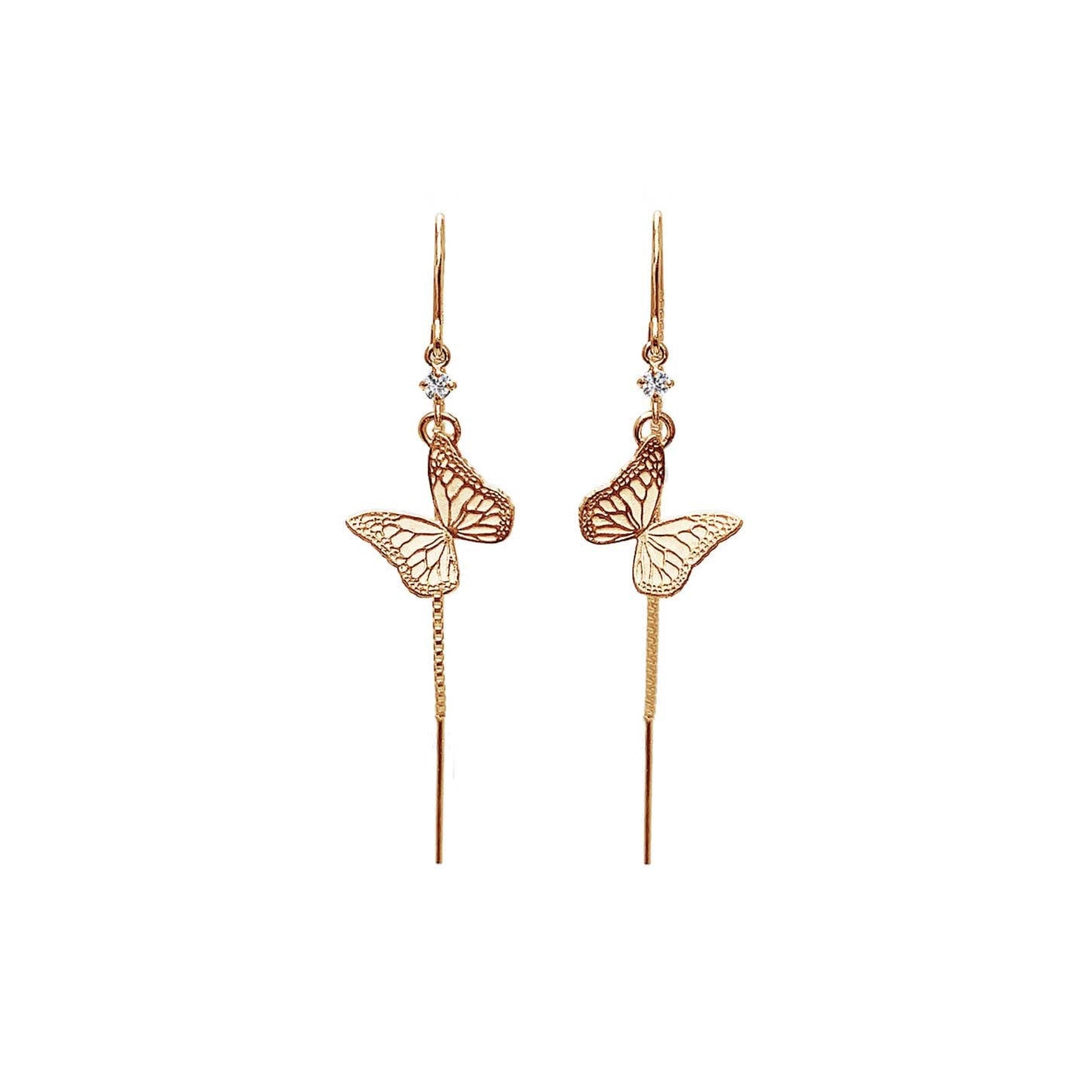 Whisper monarch gold and diamond threader earrings on a white background