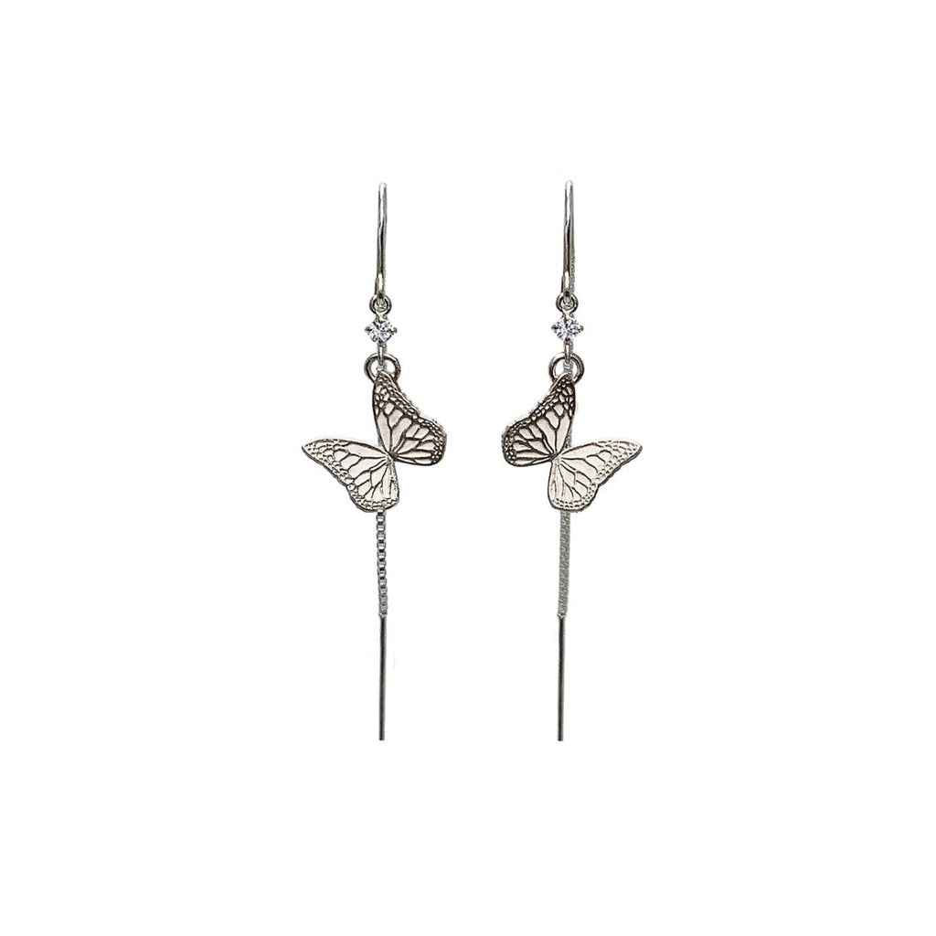 Whisper butterfly silver threader earrings against a white background