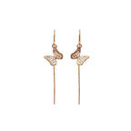 Gold monarch butterfly threader earrings on a white background