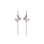 Whisper monarch butterfly silver threader earrings on thin chains against a white background