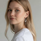 Woman wearing Whisper silver and diamond butterfly threader earrings against a neutral background